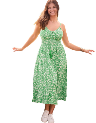 Clara Ditsy Printed Sundress In Green