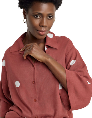 Women's Red Linen Mix Half Sleeve Shirt