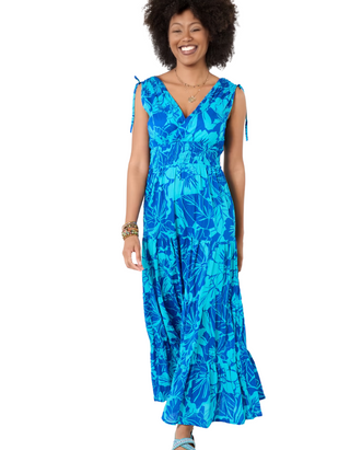 Women's Favourite Ocean Tone Floral Maxi Dress In Blue