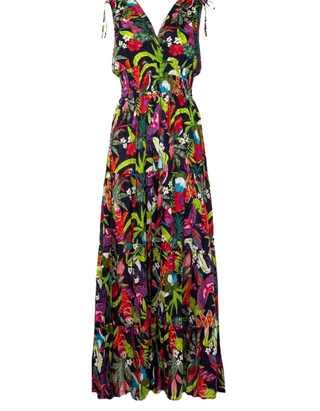 Tropical Print Cotton Maxi Sundress Sleeveless Faux Wrap Style In Black