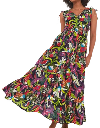 Tropical Print Cotton Maxi Sundress Sleeveless Faux Wrap Style In Black