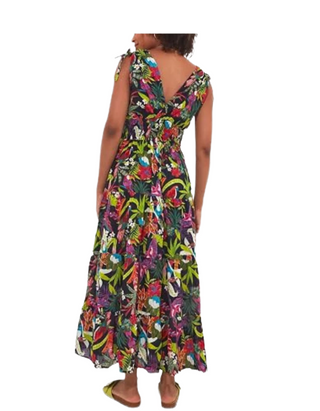 Tropical Print Cotton Maxi Sundress Sleeveless Faux Wrap Style In Black