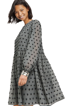 Women's Oversized Long Sleeve Dobby Smock Dress in Grey