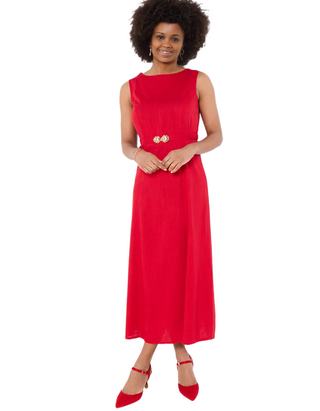 Women's Linen Blend Belted Dress In Red