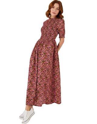 Women's Jasmine Floral Shirred Bodice Dress in Pink