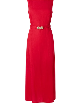 Women's Linen Blend Belted Dress In Red