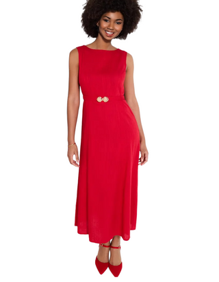Women's Linen Blend Belted Dress In Red