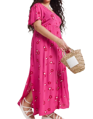 Women's Plus Size Crinkle Button Through Maxi Dress In Pink