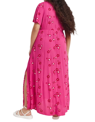 Women's Plus Size Crinkle Button Through Maxi Dress In Pink