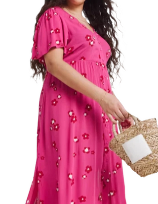 Women's Plus Size Crinkle Button Through Maxi Dress In Pink
