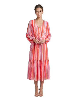 Women's Printed Chiffon Maxi Dress In Coral Stripe