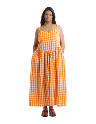 Women's Gingham Waist Detail Midi Dress In Orange