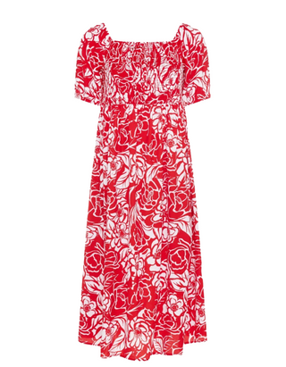 Women's Curve Floral Maxi Dress Shirred Square Neck Plus Size In Red