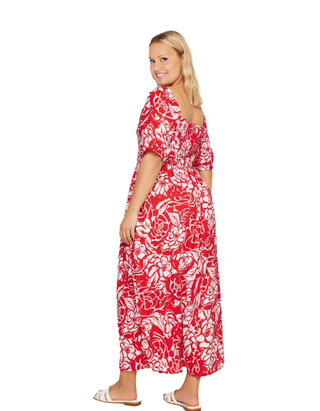 Women's Curve Floral Maxi Dress Shirred Square Neck Plus Size In Red