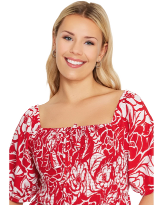 Women's Curve Floral Maxi Dress Shirred Square Neck Plus Size In Red