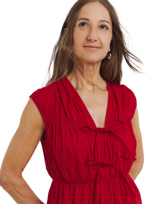 Woman's Pure Cotton Tie Front Tier Maxi Dress In Red
