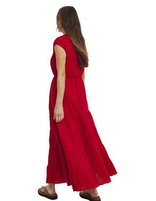 Woman's Pure Cotton Tie Front Tier Maxi Dress In Red