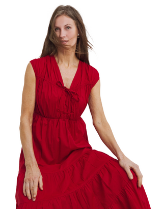 Woman's Pure Cotton Tie Front Tier Maxi Dress In Red