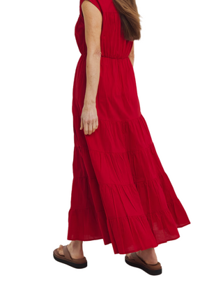Woman's Pure Cotton Tie Front Tier Maxi Dress In Red