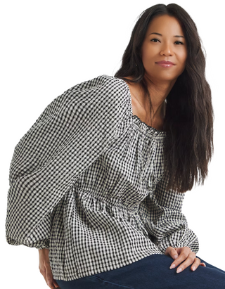 Women's Seersucker Gingham Square Neck Blouse