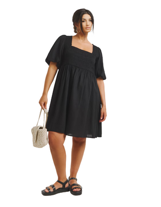 Women's Black Linen Blend Shirred Skater Dress