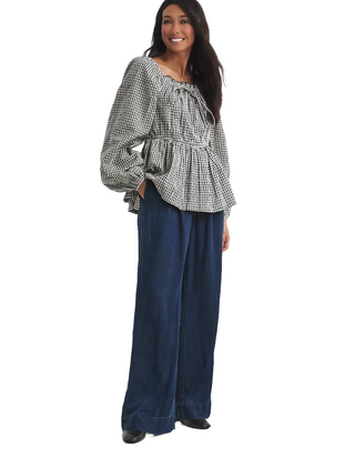 Women's Seersucker Gingham Square Neck Blouse