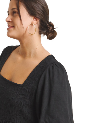 Women's Black Linen Blend Shirred Skater Dress