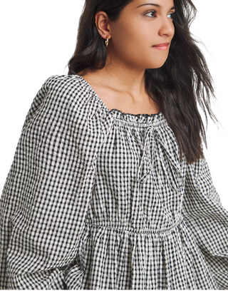 Women's Seersucker Gingham Square Neck Blouse