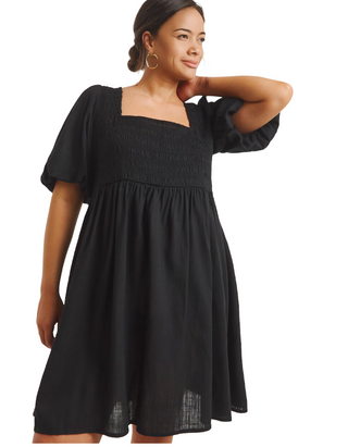 Women's Black Linen Blend Shirred Skater Dress