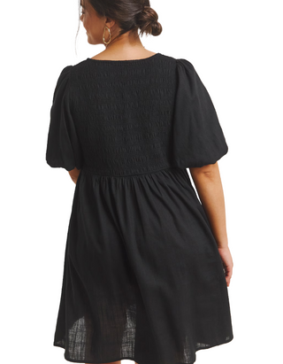 Women's Black Linen Blend Shirred Skater Dress