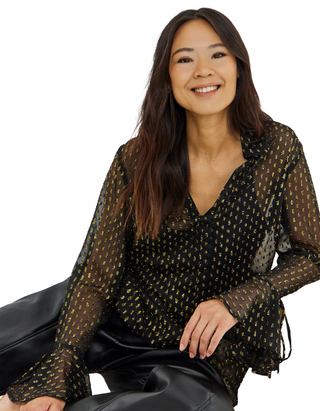 Women's Metallic Spot Frill Cuff Blouse In Black