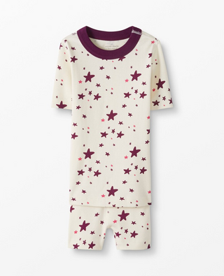 Kids Short John Star Printed Pajama Set in Darker Pink