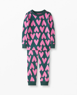 Girl's Long John Pyjama Set in Juniper Hearts on Hearts