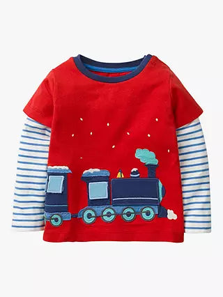 Mini Boden Baby & Toddler Festive Train Applique T-Shirt in Rockabilly Red