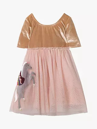 Mini Boden Girl's Velvet Unicorn Applique Dress in Dusty Pink