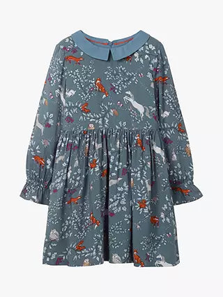Mini Boden Girl's Woodland Printed Dress in Blue Enchanted Woods