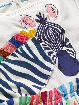 Mini Boden Girl's Zebra Safari Big Appliqué Dress in White Multi