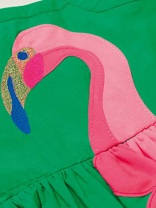 Mini Boden Girl's Flamingo Embellished Frill Sleeve Dress in Emerald Green