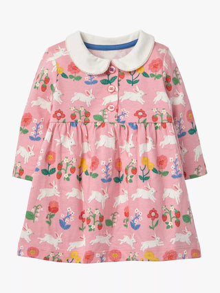 Baby Boden Baby Collared Rabbit Print Dress in Pink Lemonade
