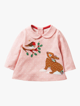 Baby Boden Spot Rabbit & Robin Top in Soft Pink