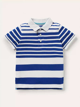 Mini Boden Boy's Stripe Pique Polo Shirt in Ivory/College Blue