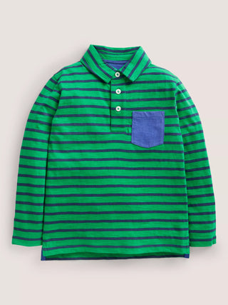 Mini Boden Girl's Stripe Supersoft Long Sleeve Polo Shirt in Starboard Blue/Green
