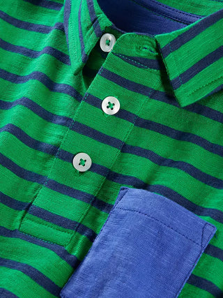 Mini Boden Girl's Stripe Supersoft Long Sleeve Polo Shirt in Starboard Blue/Green