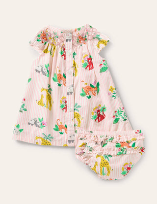 Baby Boden Smocked Dress in Boto Pink Jungle Friends