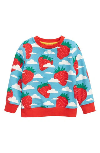 Mini Boden Girl's Long Sleeve Retro Printed Sweatshirt in Aqua Blue Strawberry Sky