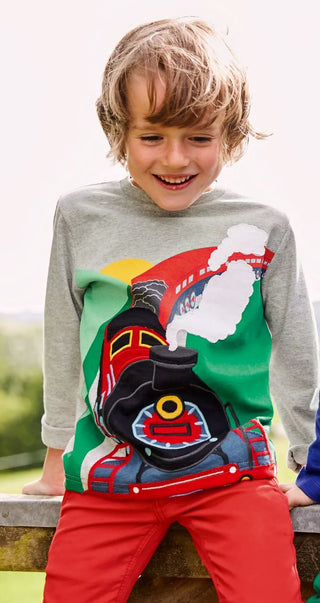 Mini Boden Boy's Train Adventure Applique T-Shirt in Grey Marl