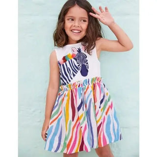 Mini Boden Girl's Zebra Safari Big Appliqué Dress in White Multi