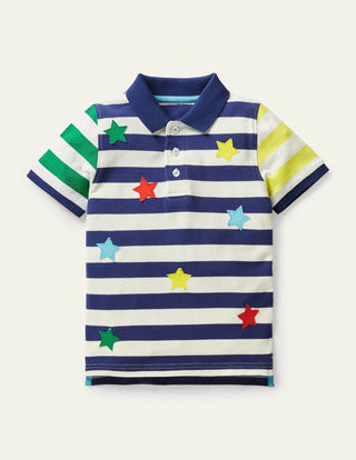 Mini Boden Boy's Pique Polo Shirt in Navy/Ivory Hotchpotch Stars