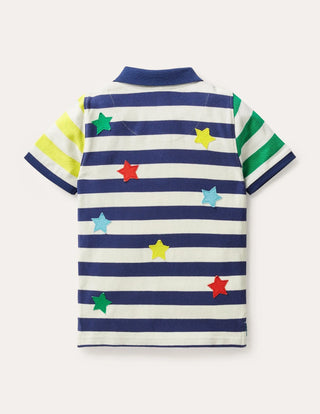 Mini Boden Boy's Pique Polo Shirt in Navy/Ivory Hotchpotch Stars