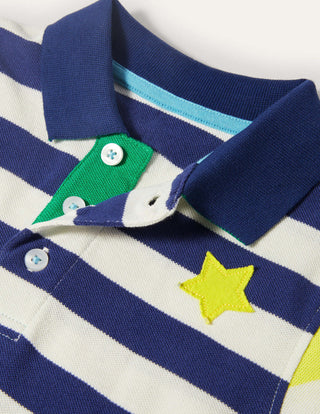 Mini Boden Boy's Pique Polo Shirt in Navy/Ivory Hotchpotch Stars